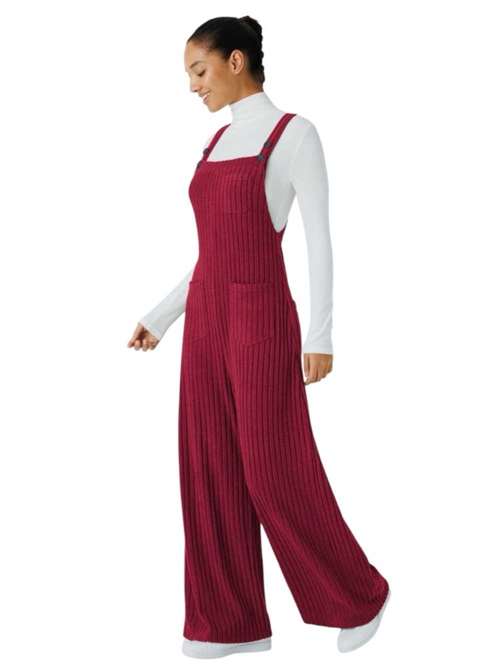HALARA Red Ribbed StretchKnit Wide Leg Overall Jumpsuit Adjustable Straps XS NEW